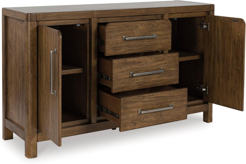 Signature Design by Ashley Cabalynn Farmhouse Glazed 2-Door Dining Server with Adjustable Shelves and 3 Drawers, Light Brown