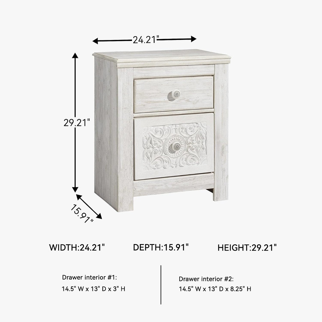 Signature Design by Ashley Paxberry Boho 2 Drawer Nightstand with 2 Slim-Profile USB Charging Ports, 29.21" Tall, Whitewash