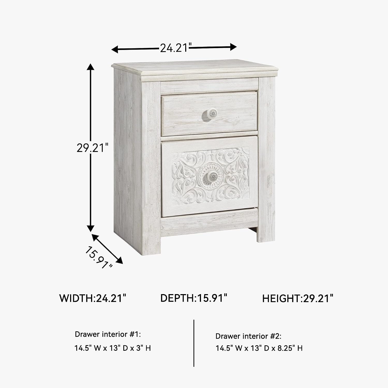 Signature Design by Ashley Paxberry Boho 2 Drawer Nightstand with 2 Slim-Profile USB Charging Ports, 29.21" Tall, Whitewash