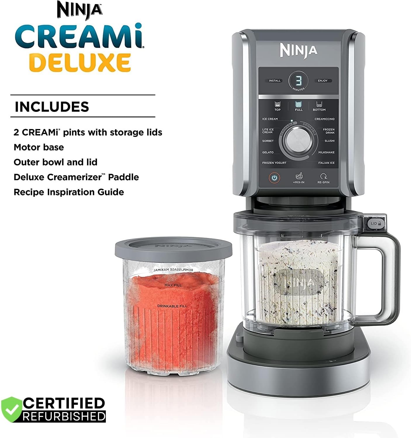 Ninja (Refurbished) NC501 CREAMi Deluxe 11-in-1 XL Ice Cream Maker Silver Bundle with 2 YR CPS Enhanced Protection Pack (Renewed)