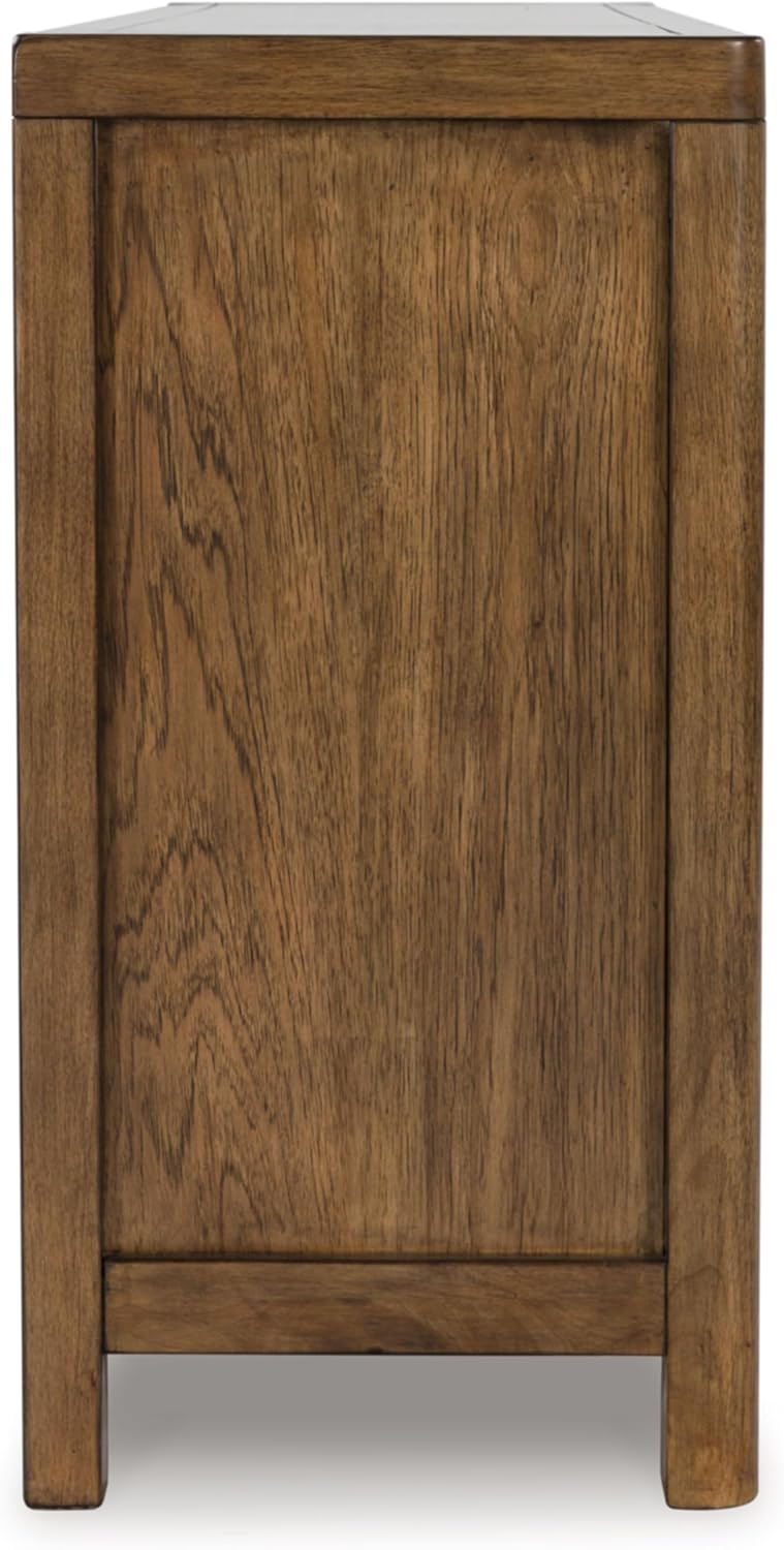 Signature Design by Ashley Cabalynn Farmhouse Glazed 2-Door Dining Server with Adjustable Shelves and 3 Drawers, Light Brown