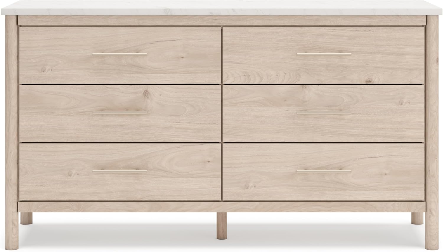 Signature Design by Ashley Cadmori Casual Bohemian Dresser with Post Legs and 6 Drawers, Replicated Marble Top, Wood, 35" High, White and Light Brown Finish