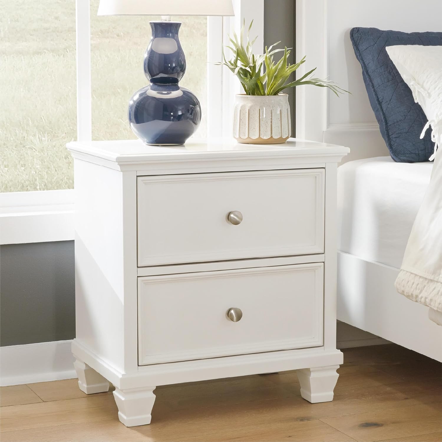 Signature Design by Ashley Fortman White Nightstand, 2 Drawer Storage, Hardwood Solids and MDF Construction, Traditional Wood Bedside Table, 25" W