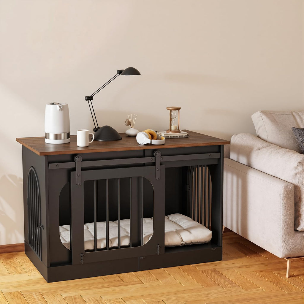 XL Dog Kennel Furniture,39.4 Inch Farmhouse Crate Furniture with Cushion Decorative White Dog Kennel Indoor Thick Wooden Pet House End Table Modern Cage Furniture for Small/Medium/Large Dog