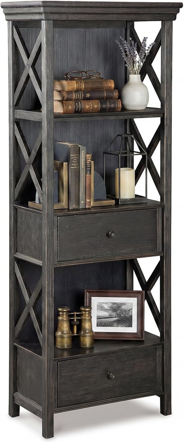 Signature Design by Ashley Tyler Creek Casual Farmhouse 75" Display Cabinet or Bookcase with Drawers and Shelf, Open Lattice Sides, Wood, Gray Black Finish