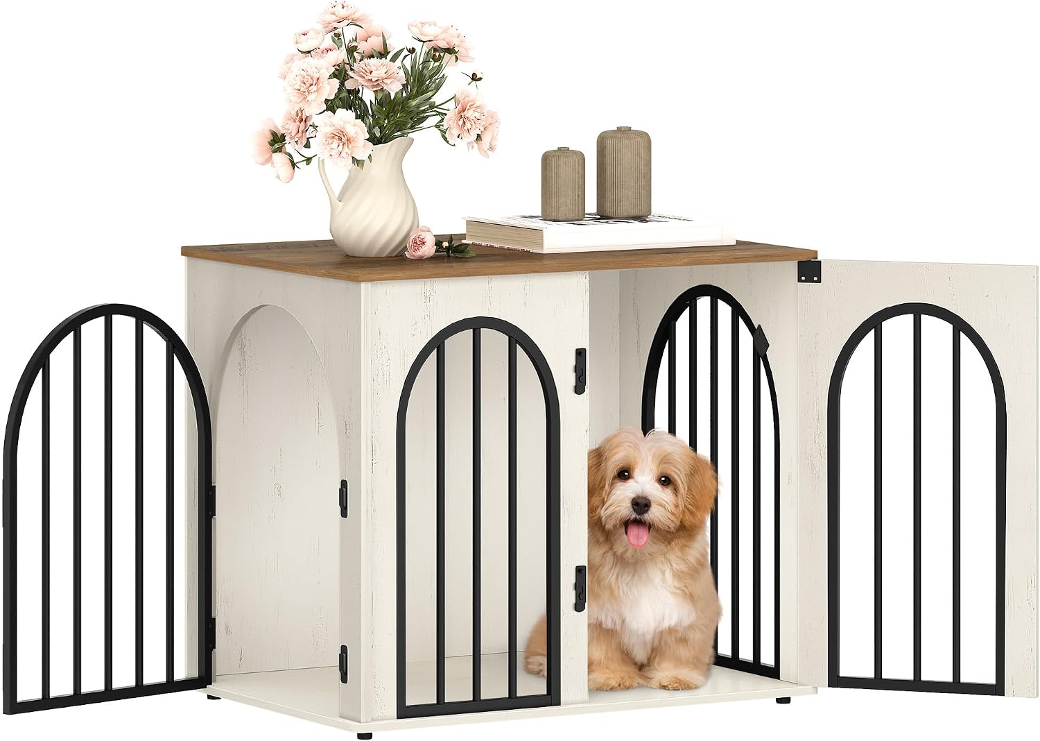 Hzuaneri 31.5'' Wooden Dog Crate Furniture, Indoor Dog Kennel Dogs Cage for Small/Medium Dogs, Heavy Duty Dog Crates Decorative Pet House End Side Table TV Stand, White Brown DFC85114B