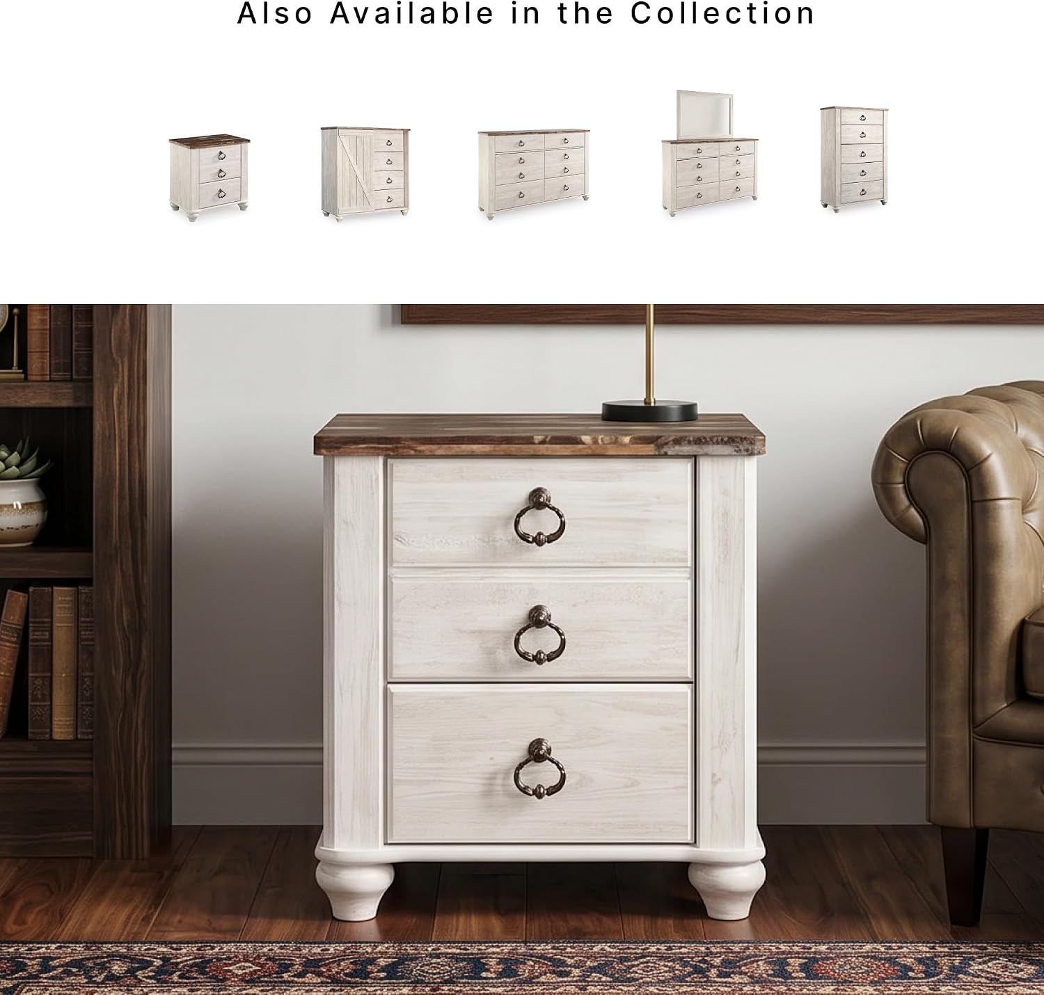 Signature Design by Ashley Willowton Farmhouse 2 Drawer Nightstand with USB Charging Ports, 25.67" Tall, Whitewash