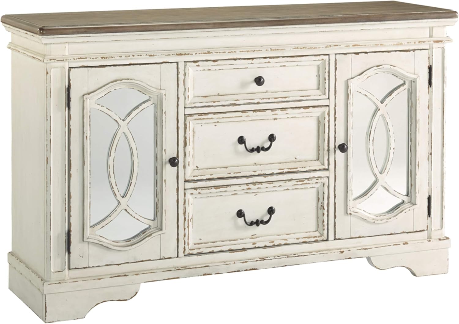 Signature Design by Ashley Realyn French Country Distressed Dining Room Server, 3 Drawers, 2 Cabinet Doors, Wood, 59" W x 17" D x 36.5" H, Chipped White