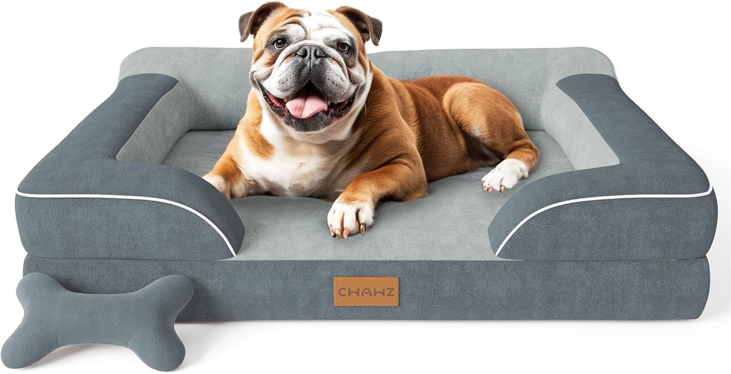 CWAWZ Extra Large Dog Bed, Orthopedic Dog Bed with Cooling Gel Memory Foam, Waterproof XL Pet Bed with Removable Washable Cover, 42" Pet Sofa Couch Dutch Velvet with Bone Toy, Light Gray
