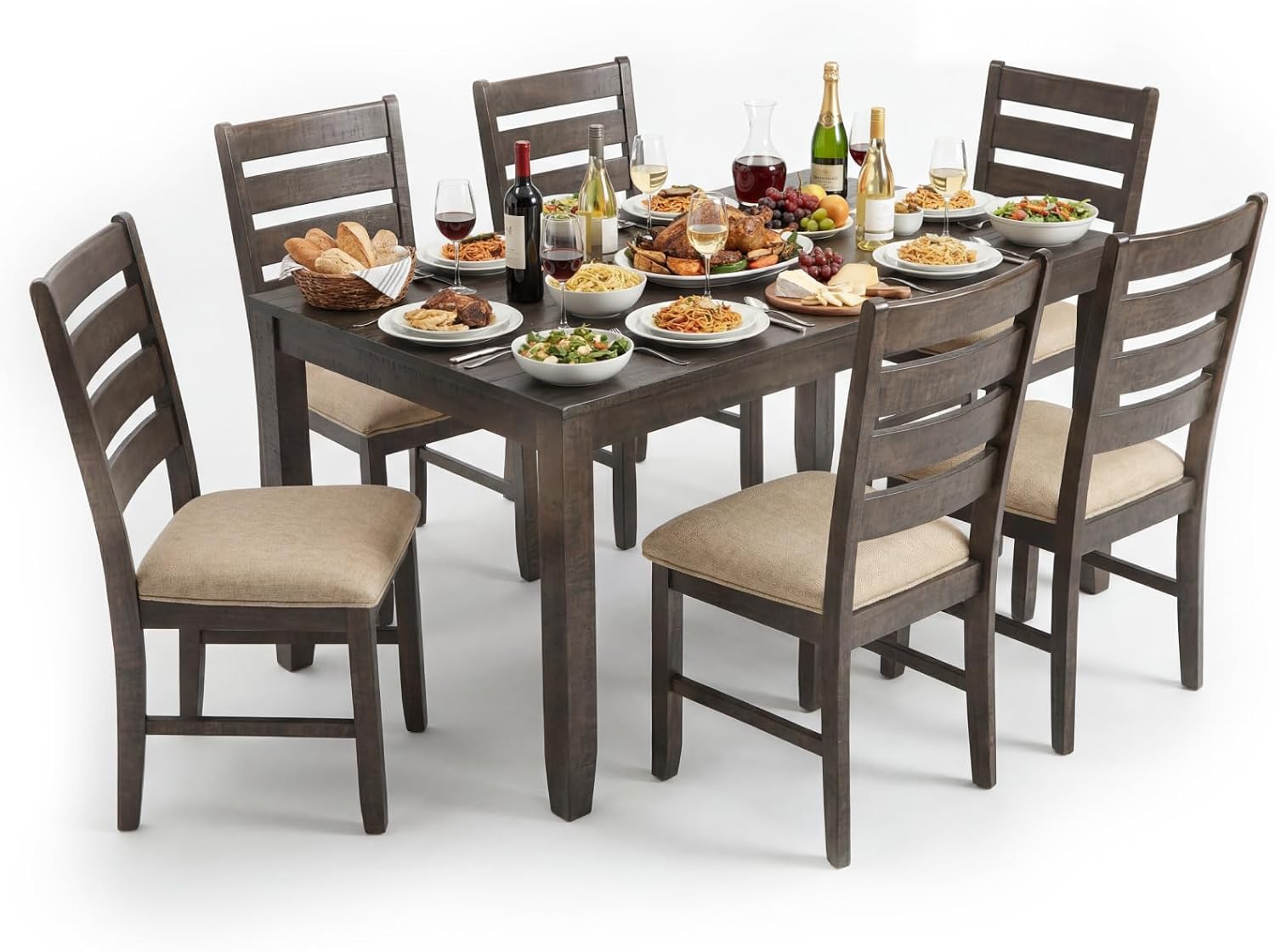 Signature Design by Ashley Rokane 7-Piece Dining Room Table Set with 6 Upholstered Chairs - Brown Wood 20" Rectangular Table & Chair Set for Kitchen Dining Room
