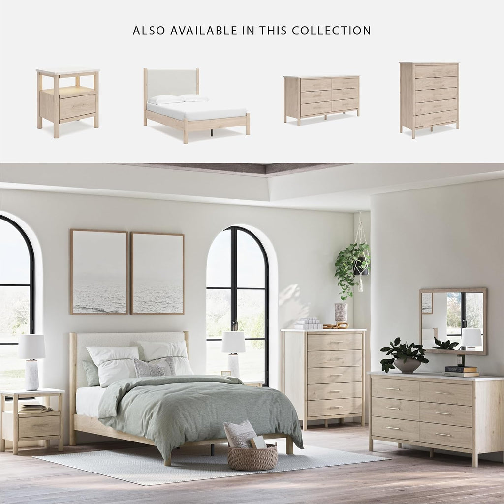 Signature Design by Ashley Cadmori Casual Bohemian Dresser with Post Legs and 6 Drawers, Replicated Marble Top, Wood, 35" High, White and Light Brown Finish