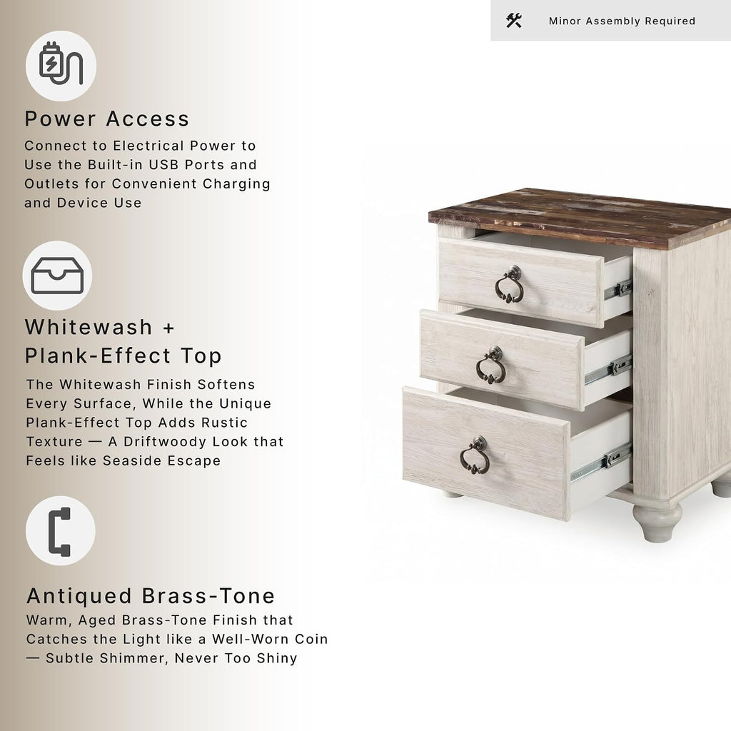 Signature Design by Ashley Willowton Farmhouse 2 Drawer Nightstand with USB Charging Ports, 25.67" Tall, Whitewash