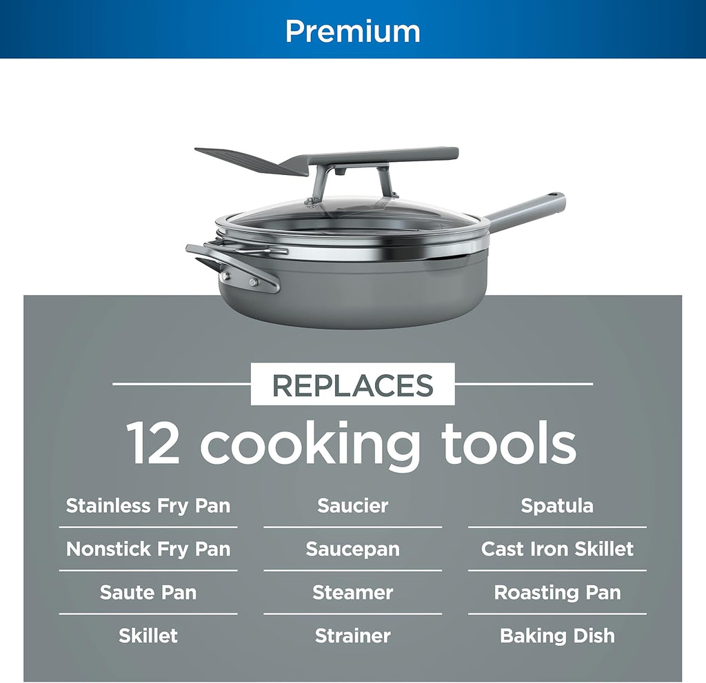 Ninja Foodi NeverStick 4 Quart Pan with Lid, Strainer, & Spatula, Oven Safe, Sea Salt Grey