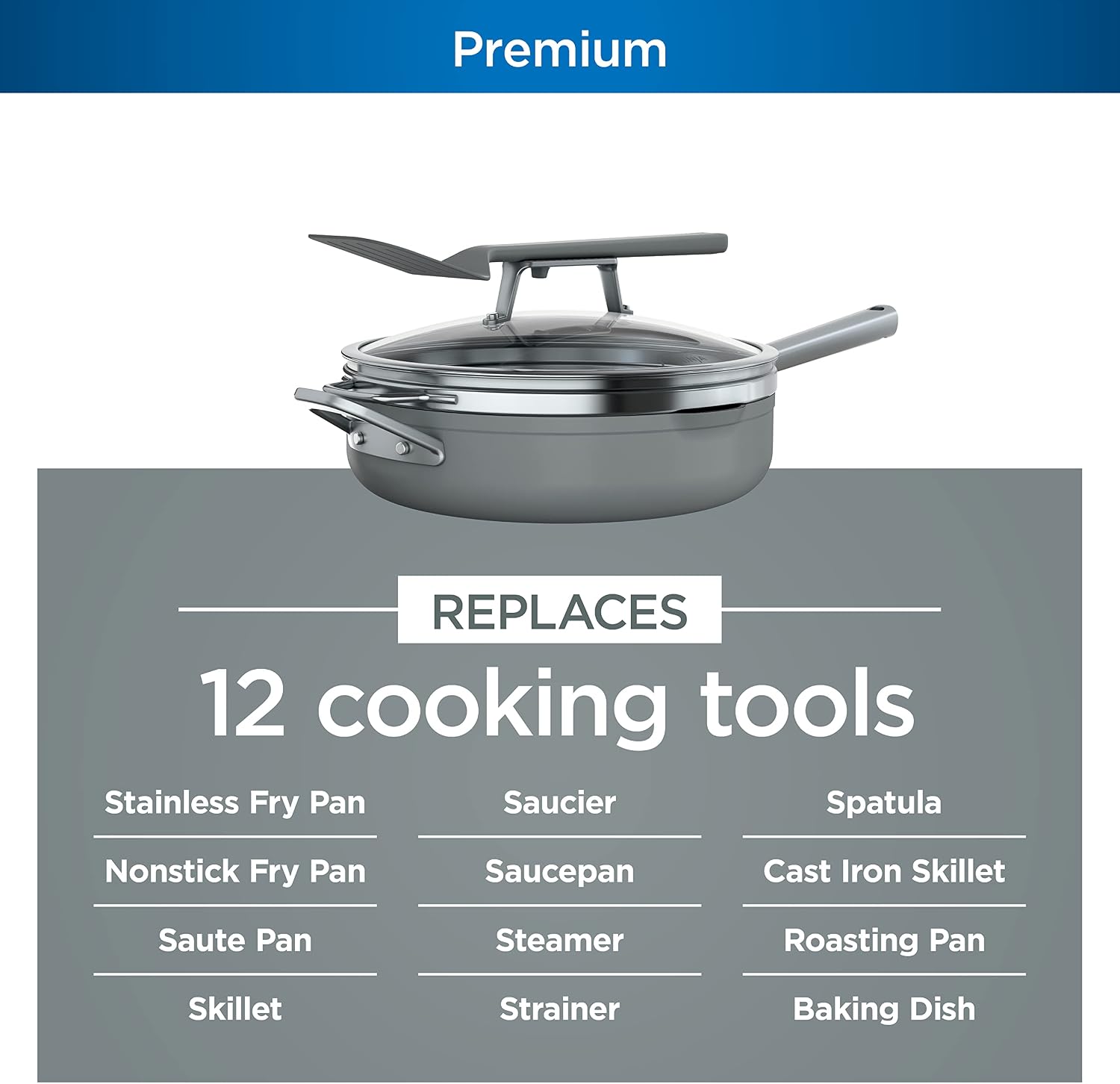 Ninja Foodi NeverStick 4 Quart Pan with Lid, Strainer, & Spatula, Oven Safe, Sea Salt Grey