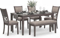Signature Design by Ashley Wrenning Diamond Patterned Dining Table Set, 4 Upholstered Chairs and Bench, Seats 6, Wood, Gray