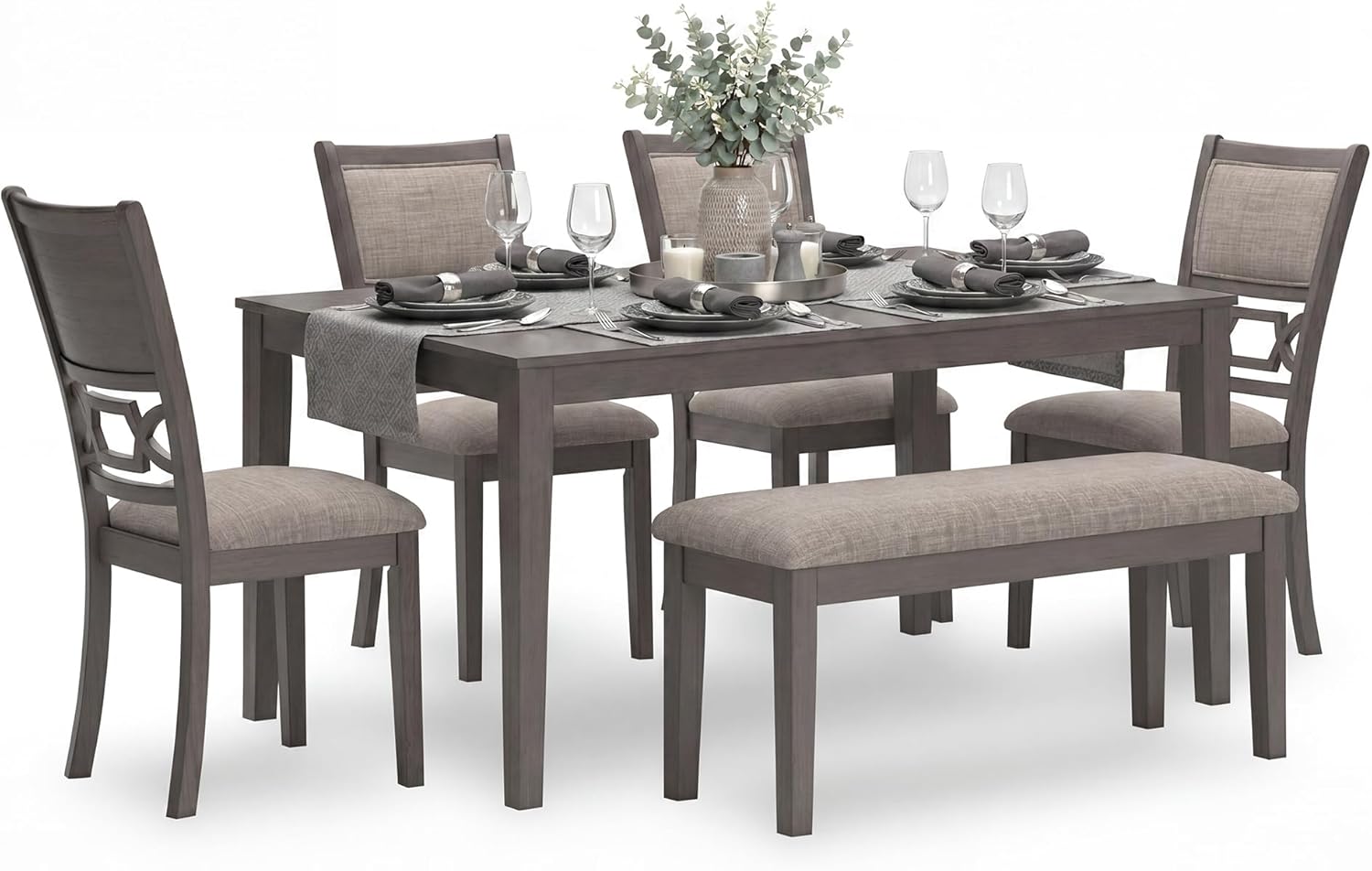 Signature Design by Ashley Wrenning Diamond Patterned Dining Table Set, 4 Upholstered Chairs and Bench, Seats 6, Wood, Gray