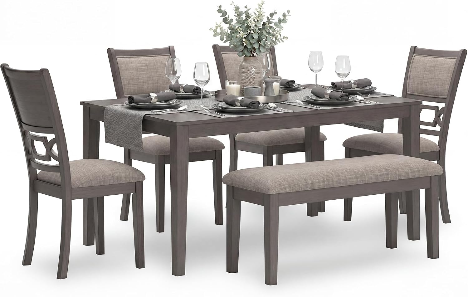 Signature Design by Ashley Wrenning Diamond Patterned Dining Table Set, 4 Upholstered Chairs and Bench, Seats 6, Wood, Gray