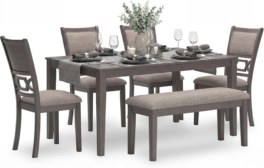 Signature Design by Ashley Wrenning Diamond Patterned Dining Table Set, 4 Upholstered Chairs and Bench, Seats 6, Wood, Gray
