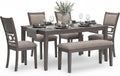 Signature Design by Ashley Wrenning Diamond Patterned Dining Table Set, 4 Upholstered Chairs and Bench, Seats 6, Wood, Gray