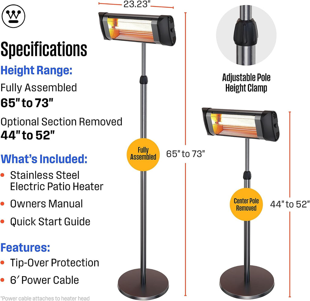 Westinghouse Outdoor Electric Patio Heater, Water Resistant, 44-73" Height Adjustable, Overheat Protection, Auto Shut Off Tip Over Switch, Pole Mounted Infrared Heater for Backyard, Deck, & More