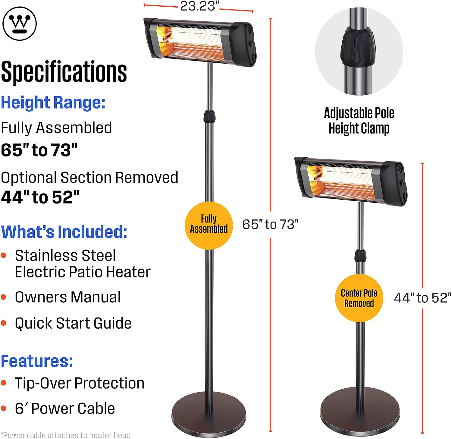 Westinghouse Outdoor Electric Patio Heater, Water Resistant, 44-73" Height Adjustable, Overheat Protection, Auto Shut Off Tip Over Switch, Pole Mounted Infrared Heater for Backyard, Deck, & More