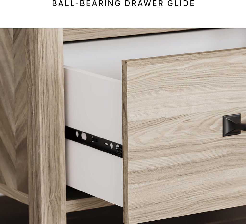 Signature Design by Ashley Battelle Mid-Century Modern Nightstand with Chevron Pattern, 2 Storage Drawers, Dark-Color Hardware, Wood, 24.5" High, Light Brown