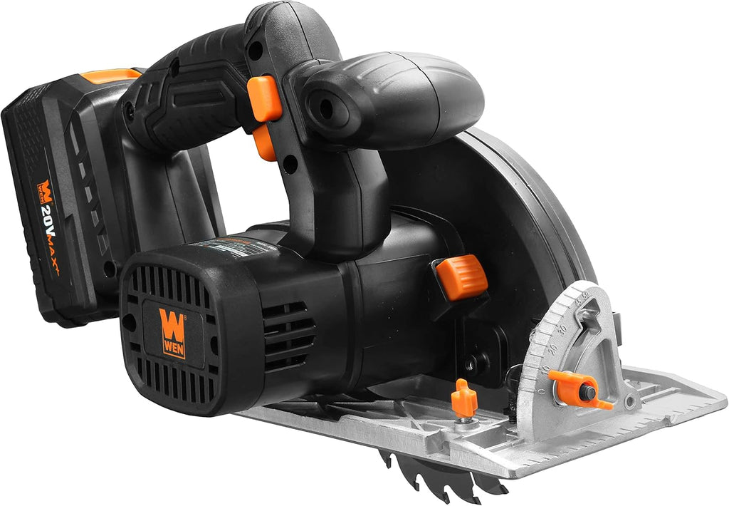 WEN Cordless Circular Saw, 6.5-Inch Blade with 20V Max 4.0 Ah Lithium-Ion Battery and Charger (20625)