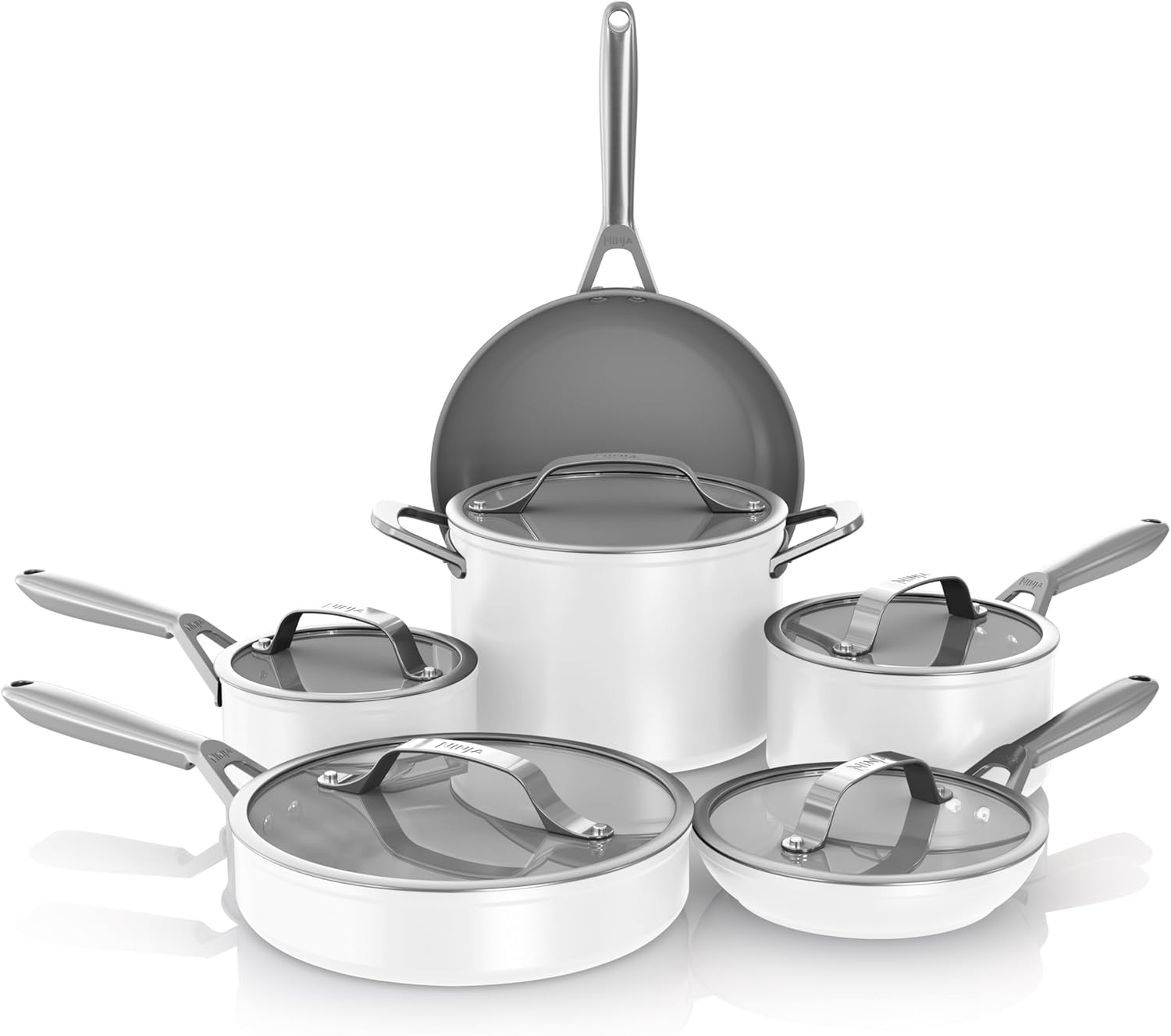 Ninja Ceramic Pro 11-Piece Cookware Set, Non-Stick Pots & Pans Set with Glass Lids, Nontoxic, PTFE Free, Ceramic Coated, Oven Safe, All Stovetops & Induction Compatible, Steam White, CW39011WH