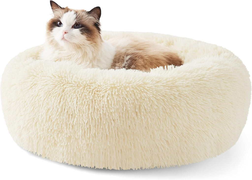 Bedsure Calming Dog Bed Medium Size Dog - Donut Washable Medium Pet Bed, 30 inches Anti-Slip Round Fluffy Plush Faux Fur Cat Bed, Fits up to 45 lbs Pets, Camel