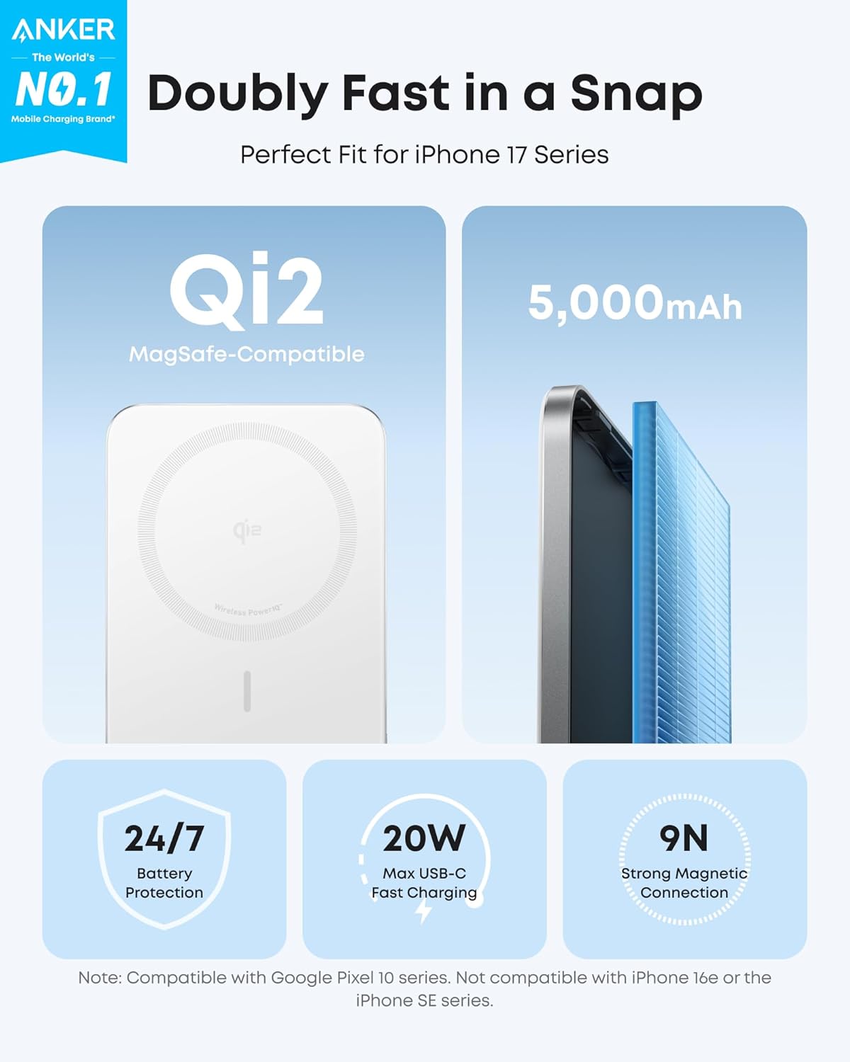 Anker Nano MagSafe Portable Charger, Ultra-Slim 5,000mAh Magnetic Wireless Power Bank, Qi2-Certified 15W Max, Compact for Travel, Ergonomic Design, for iPhone 17/16 Series, and More