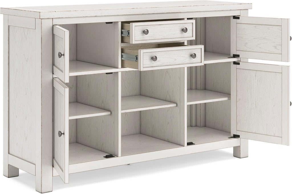 Signature Design by Ashley Robbinsdale Casual 4-Door Dining Server with Adjustable Shelves and Felt-Lined Drawers, White