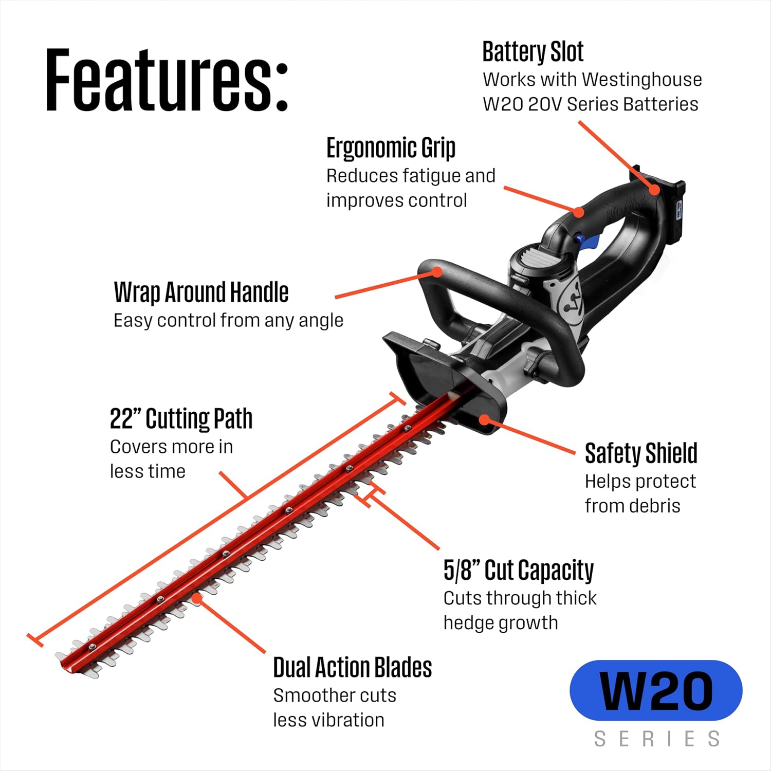Westinghouse 20V Cordless Hedge Trimmer, Tool Only, 22 Inch Dual-Action Steel Blades