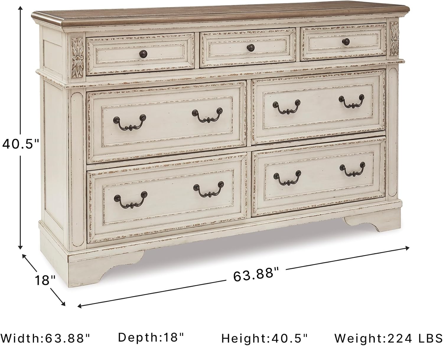 Signature Design by Ashley Realyn | French Country 7-Drawer Two-Tone Dresser – Fully Assembled, Decorative Corbels, Chipped White with Distressed Wood Top