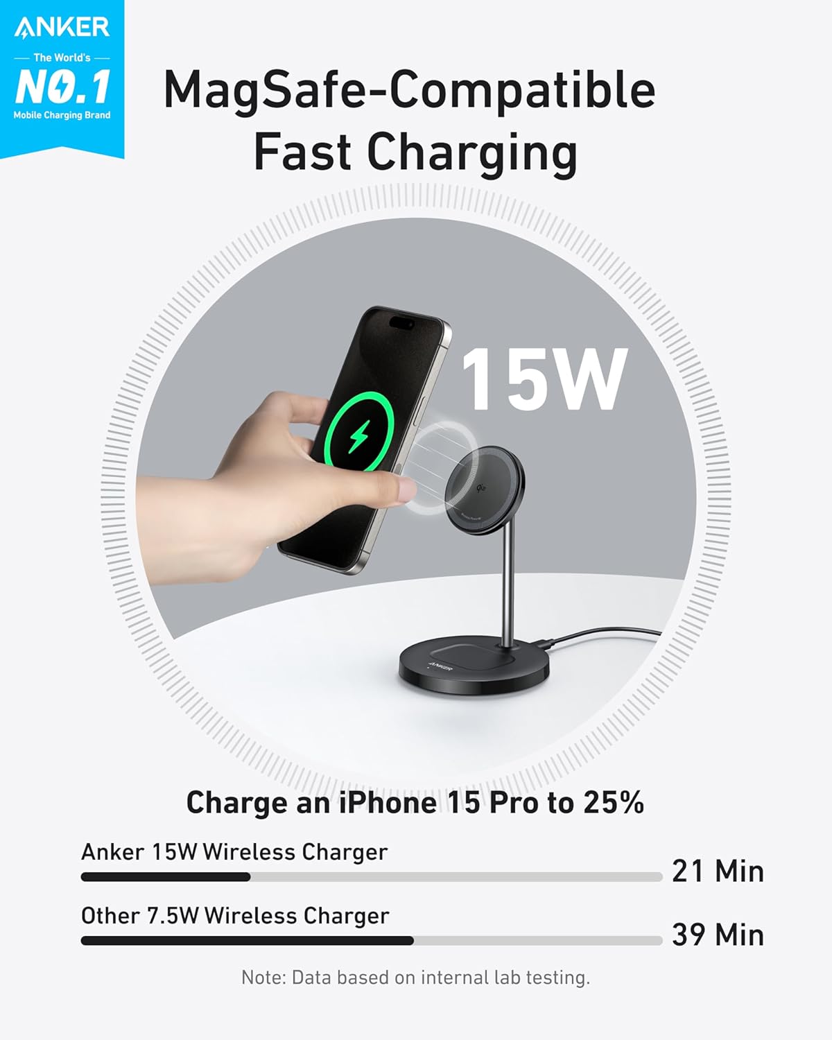 Anker MagGo 2-in-1 MagSafe Compatible Qi2 15W Wireless Charging Stand | Qi2 Certified, Fast Charging, Wireless Charger for iPhone 17, AirPods Pro, and More (Black, Adapter Not Included)