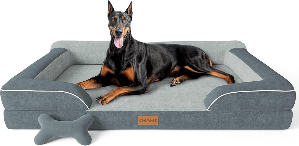 CWAWZ Extra Large Dog Bed, Orthopedic Dog Bed with Cooling Gel Memory Foam, Waterproof XL Pet Bed with Removable Washable Cover, 42" Pet Sofa Couch Dutch Velvet with Bone Toy, Light Gray