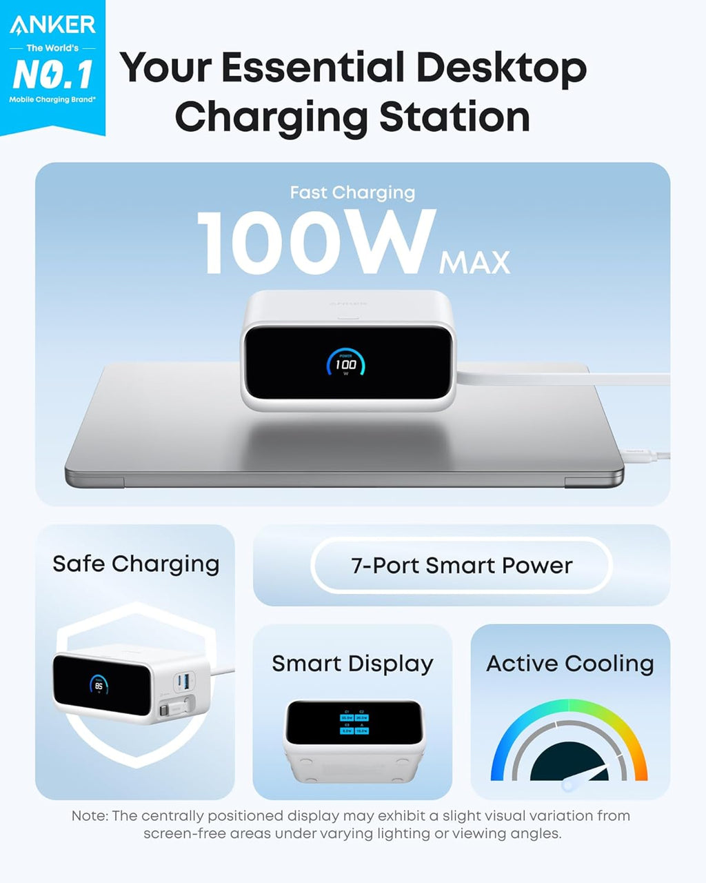 Anker Nano Charging Station, 100W 7-in-1 Power Strip, InstaCord | 2.3ft Retractable Cable, Gaming Desk Accessories for Multiple Devices, 3 AC, 3 USB C, 1 USB A, MacBook Charger, Home Office