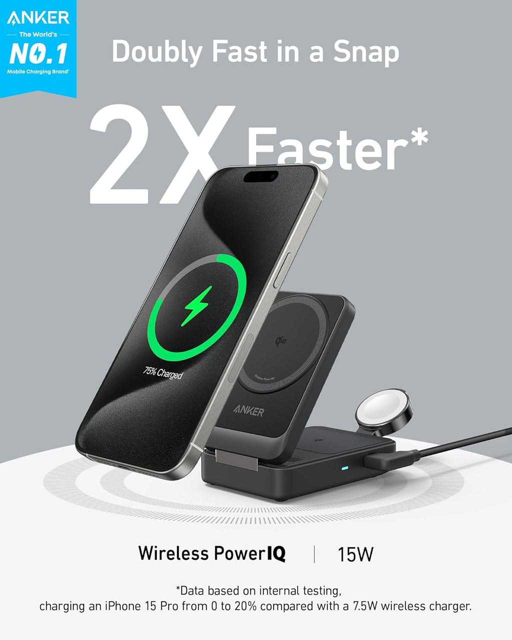 Anker MagGo 3-in-1 MagSafe Compatible Qi2 15W Foldable Charging Station | Qi2 Certified Wireless Charging Stand, for iPhone 17 / 16 / 15 / 14 Series, AirPods, Apple Watch Ultra (Adapter Included)