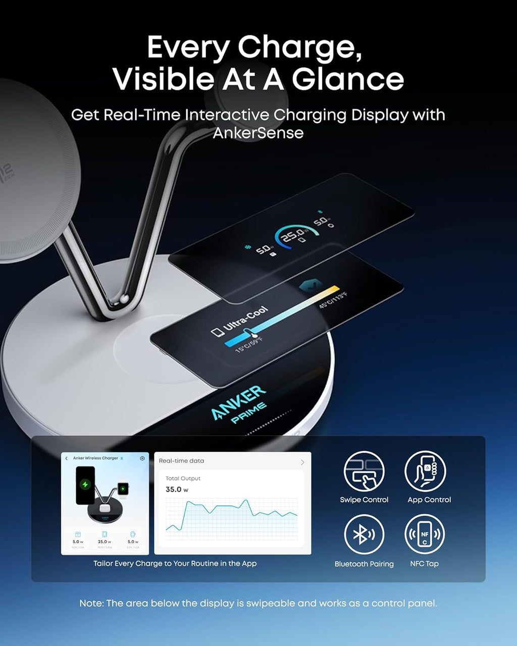 Anker Prime 3-in-1 Qi2.2 MagSafe Compatible 25W Wireless Charging Station | Smart Display, TEC Active Cooling, Apple Watch Charger, for iPhone 17, Apple Watch, AirPods Pro, and More (Adapter Included)