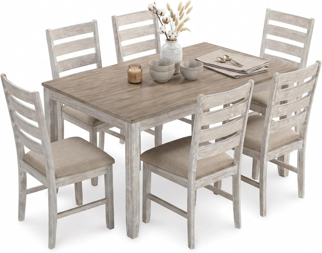Signature Design by Ashley Skempton Cottage Dining 7 Piece Set – Rectangular Table & 6 Upholstered Chairs | Coastal Chic Meets Farmhouse, Whitewash