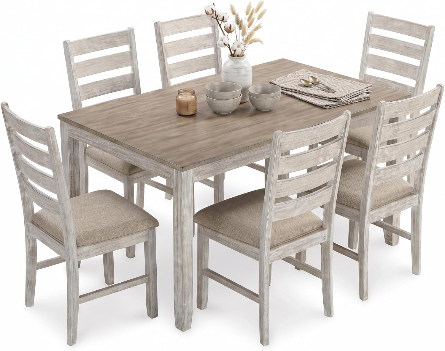 Signature Design by Ashley Skempton Cottage Dining 7 Piece Set – Rectangular Table & 6 Upholstered Chairs | Coastal Chic Meets Farmhouse, Whitewash