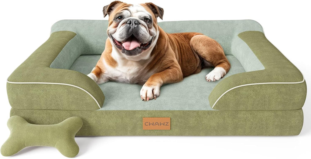 CWAWZ Extra Large Dog Bed, Orthopedic Dog Bed with Cooling Gel Memory Foam, Waterproof XL Pet Bed with Removable Washable Cover, 42" Pet Sofa Couch Dutch Velvet with Bone Toy, Light Gray