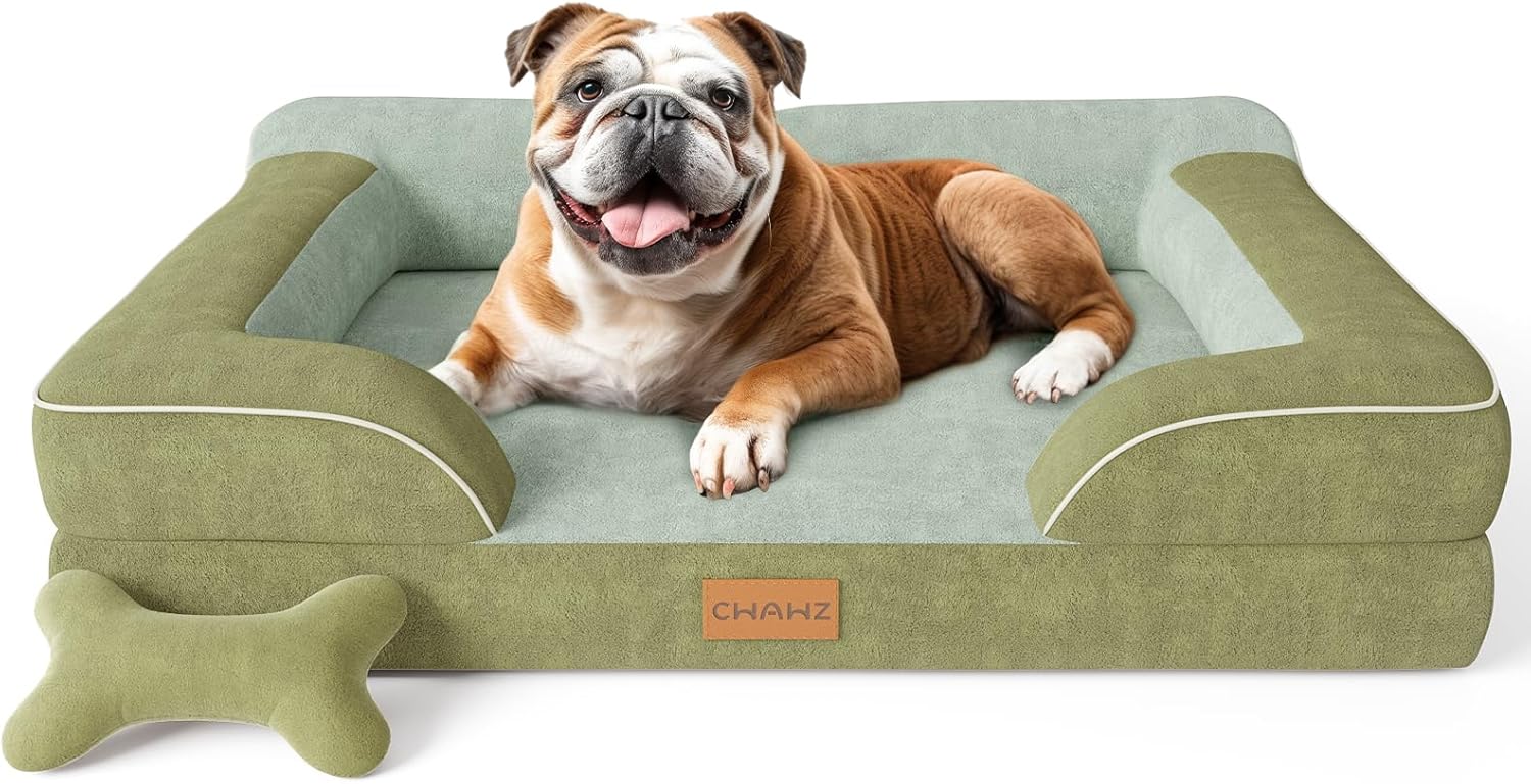 CWAWZ Extra Large Dog Bed, Orthopedic Dog Bed with Cooling Gel Memory Foam, Waterproof XL Pet Bed with Removable Washable Cover, 42" Pet Sofa Couch Dutch Velvet with Bone Toy, Light Gray