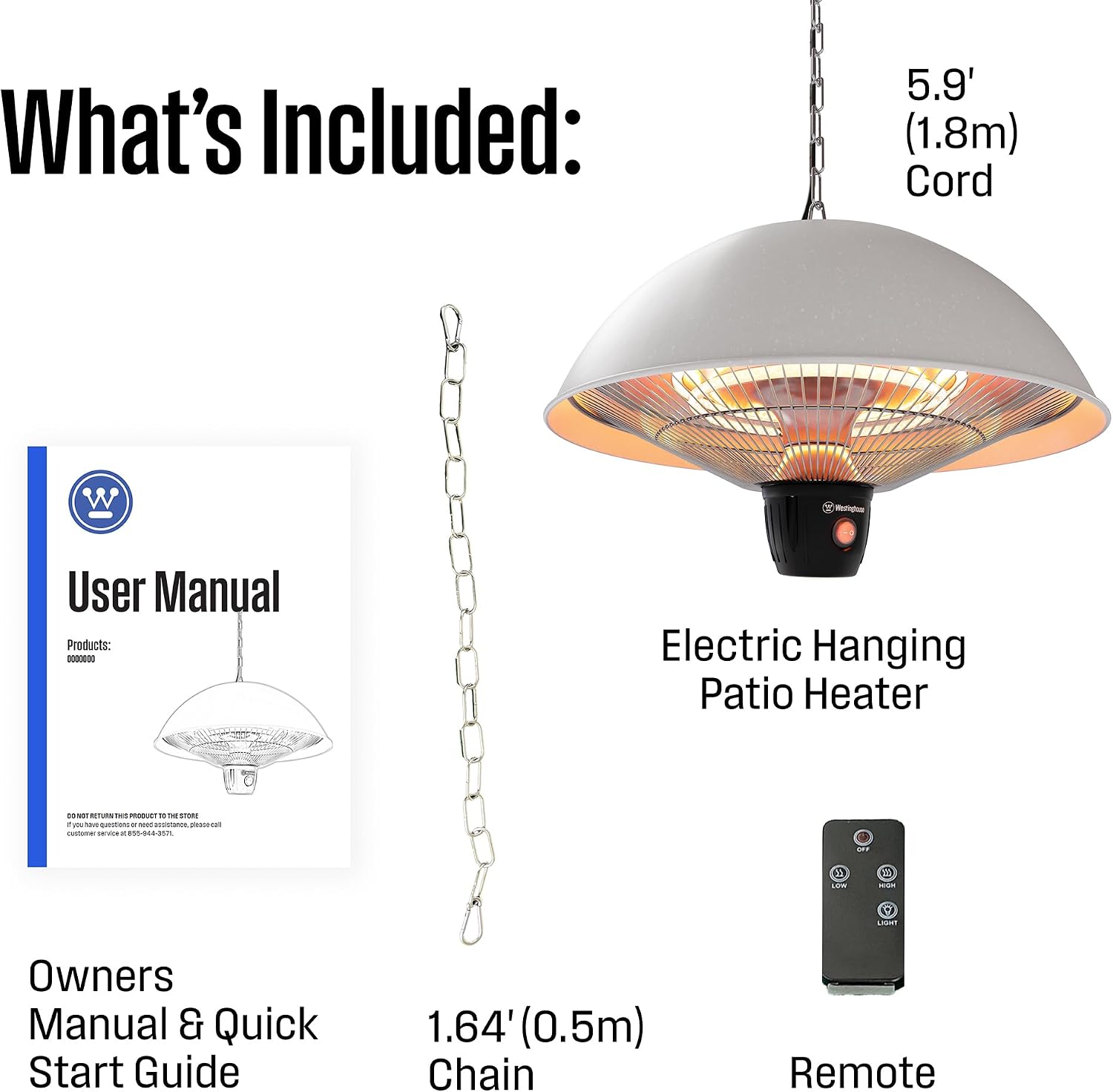 Westinghouse Outdoor Ceiling Patio Heater, Water Resistant, Adjustable Heat Output Up to 1500W, Auto Shut Off Overheat Protection, Hanging Infrared Heater for Patio Cover, Gazebo, & More - White