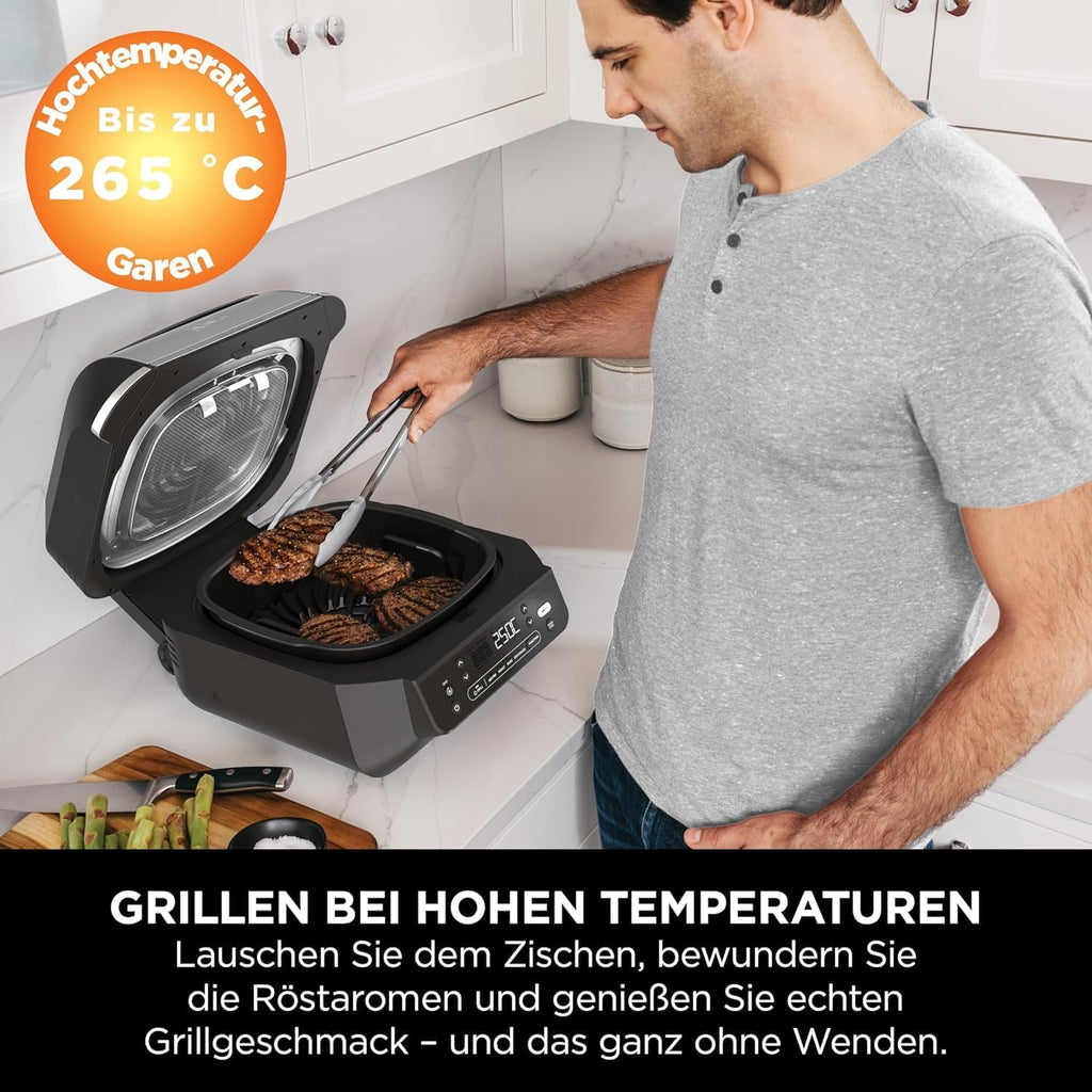 Ninja 5-in-1 Oil-Free Indoor Grill & Deep Fryer, 5 Modes, Cooks Up to 4 Burgers, 5.7L Capacity, Low Smoke Digital Meat Thermometer Included, Black/Silver, EG351EU