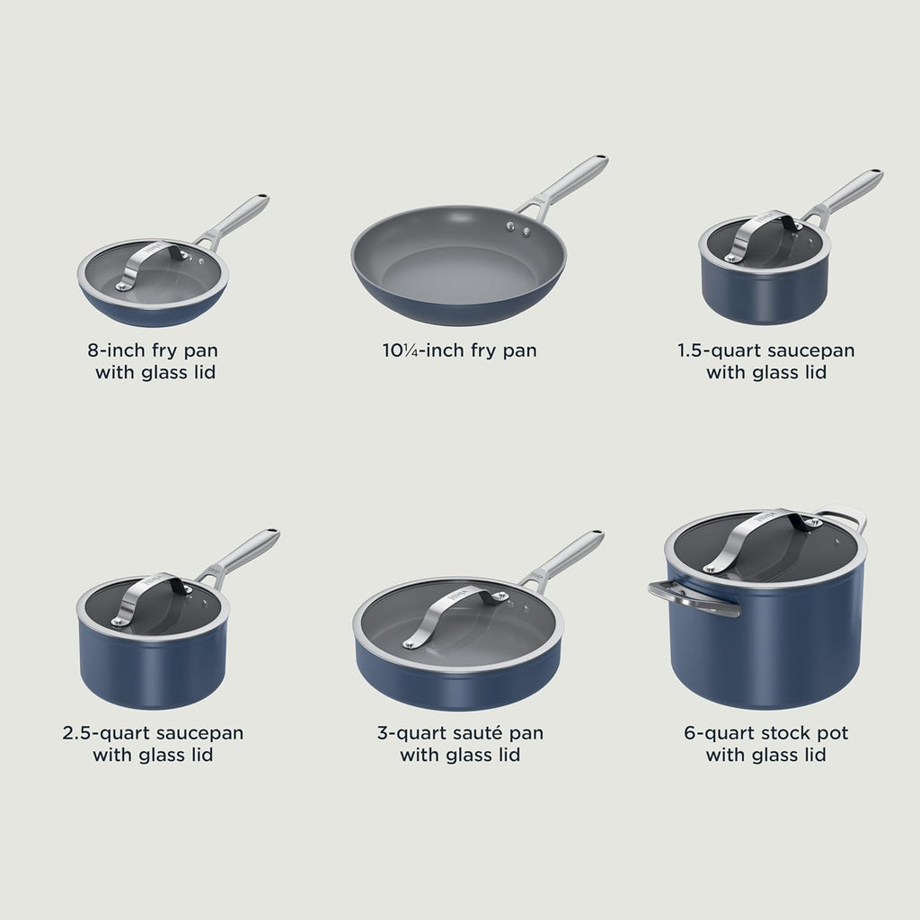 Ninja Ceramic Pro 11-Piece Cookware Set, Non-Stick Pots & Pans Set with Glass Lids, Nontoxic, PTFE Free, Ceramic Coated, Oven Safe, All Stovetops & Induction Compatible, Midnight Blue, CW39011MM