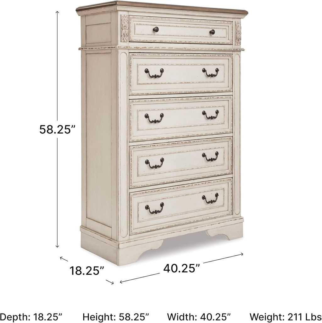 Signature Design by Ashley Realyn French Country 5 Drawer Chest, Tipover Restraint Device, 2-tone Finish, Wood, 40.13" W x 18.13" D x 58.13" H, Chipped White