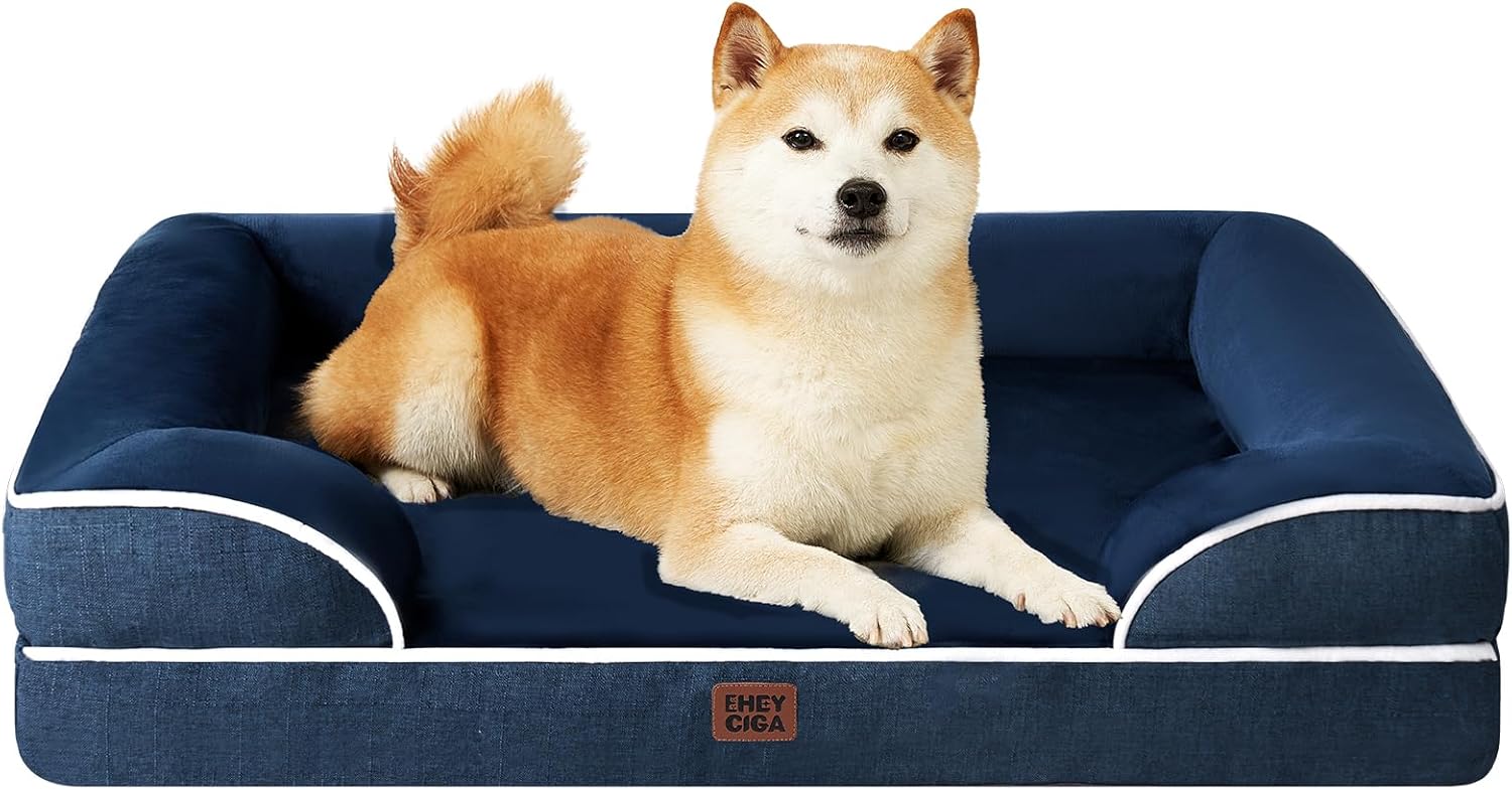 EHEYCIGA Orthopedic Dog Beds for Extra Large Dogs 44x32Inch, Waterproof Memory Foam XL Pet Bed with Sides, Non-Slip and Egg-Crate Foam Big Dog Couch Bed with Washable Removable Cover, Grey