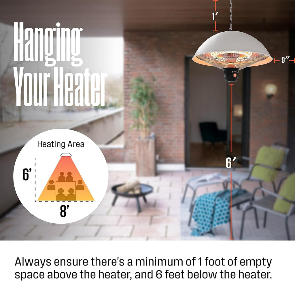 Westinghouse Outdoor Ceiling Patio Heater, Water Resistant, Adjustable Heat Output Up to 1500W, Auto Shut Off Overheat Protection, Hanging Infrared Heater for Patio Cover, Gazebo, & More - White