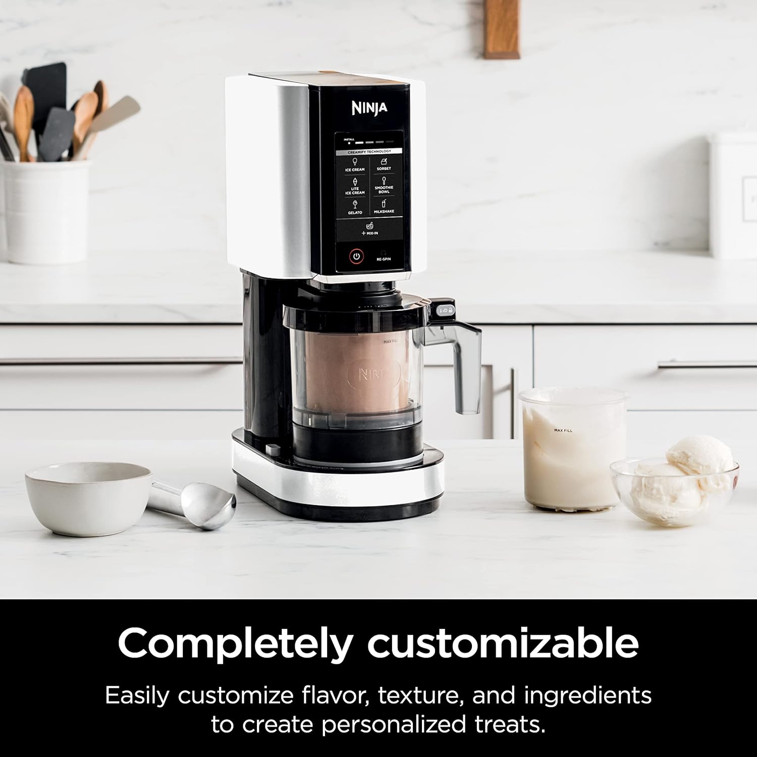 Ninja CREAMi Ice Cream Maker, 7 One-Touch Programs, with (2) Pint Containers & Lids, Compact Size, White (NC301WHBBB)