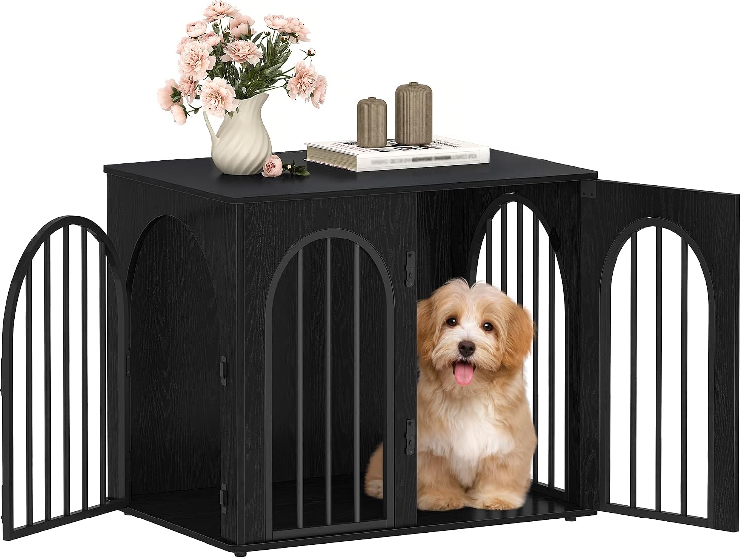 Hzuaneri 31.5'' Wooden Dog Crate Furniture, Indoor Dog Kennel Dogs Cage for Small/Medium Dogs, Heavy Duty Dog Crates Decorative Pet House End Side Table TV Stand, White Brown DFC85114B